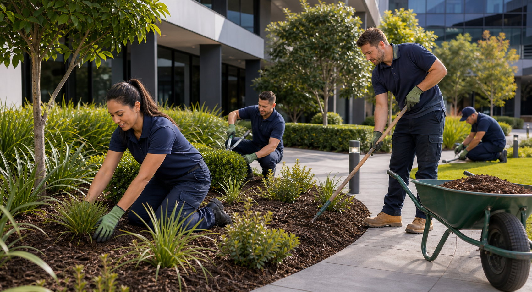 Outdoor contractors maintaining landscaped common areas